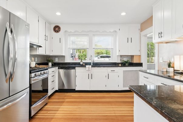 Interior, Kitchen, Recessed Lighting, Stainless Steel Appliances, Wood Texture Flooring