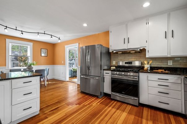 Interior, Kitchen, Recessed Lighting, Stainless Steel Appliances, Wood Texture Flooring