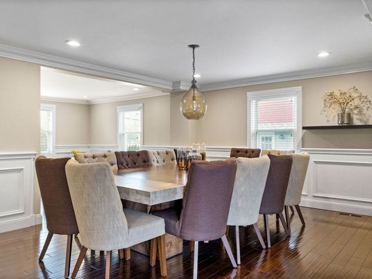 Dining room, Interior, Pendant Lights, Recessed Lighting, Wood Texture Flooring