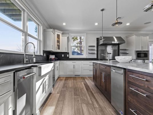 Interior, Kitchen, Pendant Lights, Recessed Lighting, Stainless Steel Appliances, Wood Texture Flooring
