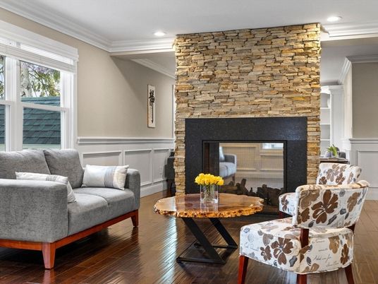 Fireplace, Interior, Recessed Lighting, Stone Walls, Wood Texture Flooring