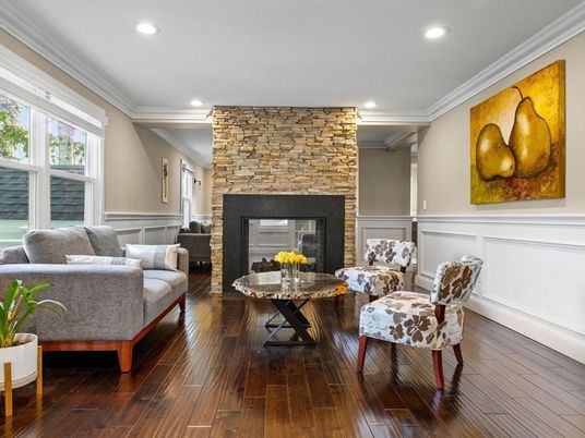 Fireplace, Interior, Living room, Recessed Lighting, Stone Walls, Wood Texture Flooring