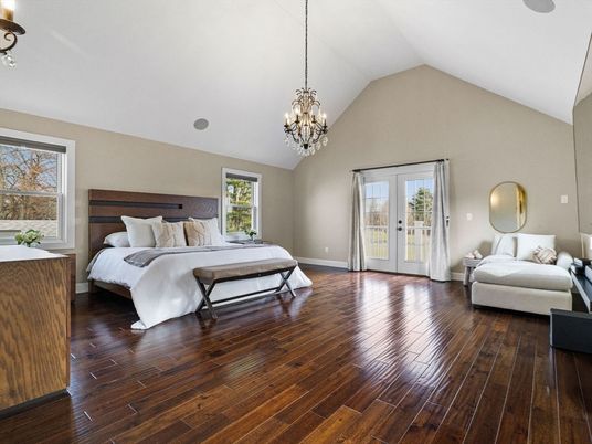 Bedroom, Chandelier, Interior, Wood Texture Flooring