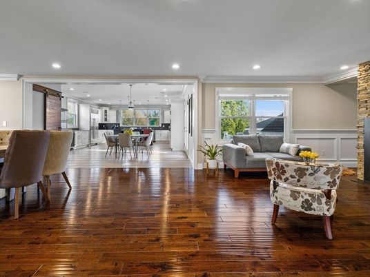 Dining room, Fireplace, Interior, Kitchen, Living room, Pendant Lights, Recessed Lighting, Wood Texture Flooring