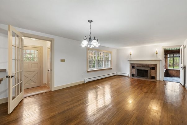 Empty room, Fireplace, Interior, Pendant Lights, Wood Texture Flooring