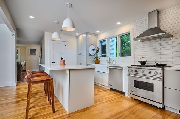 Interior, Kitchen, Pendant Lights, Recessed Lighting, Stainless Steel Appliances, Wood Texture Flooring