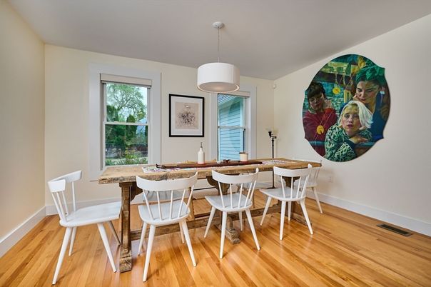 Dining room, Interior, Pendant Lights, Wood Texture Flooring