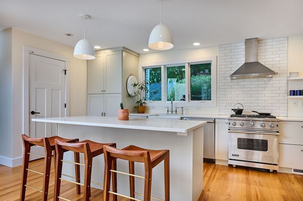 Interior, Kitchen, Pendant Lights, Recessed Lighting, Stainless Steel Appliances, Stone Walls, Wood Texture Flooring