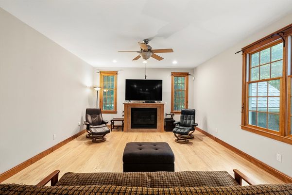 Fireplace, Interior, Recessed Lighting, Wood Texture Flooring
