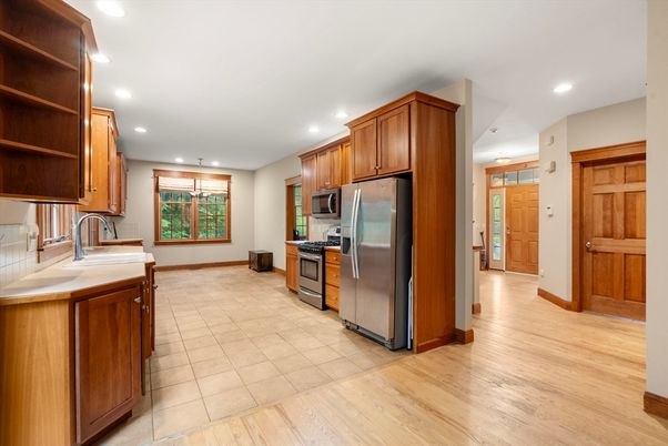 Interior, Kitchen, Recessed Lighting, Stainless Steel Appliances, Wood Texture Flooring