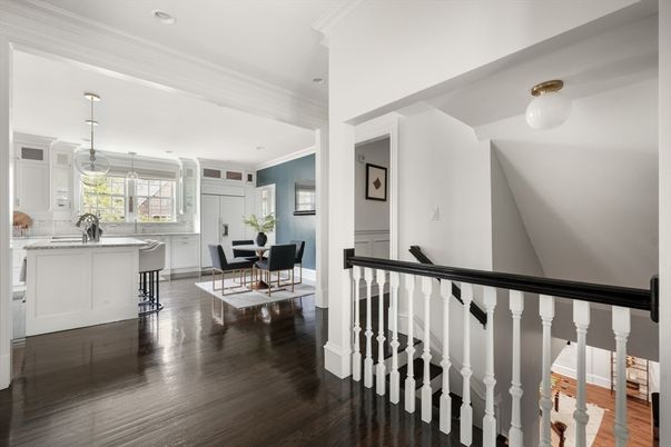 Dining room, Interior, Kitchen, Pendant Lights, Recessed Lighting, Wood Texture Flooring