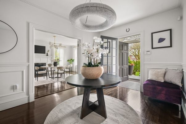 Dining room, Fireplace, Interior, Pendant Lights, Wood Texture Flooring