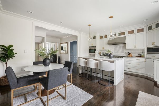Dining room, Interior, Kitchen, Pendant Lights, Recessed Lighting, Stainless Steel Appliances, Wood Texture Flooring