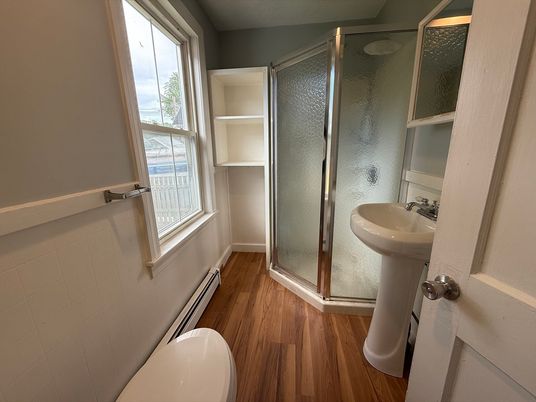 Bathroom, Glass Shower, Interior, Wood Texture Flooring