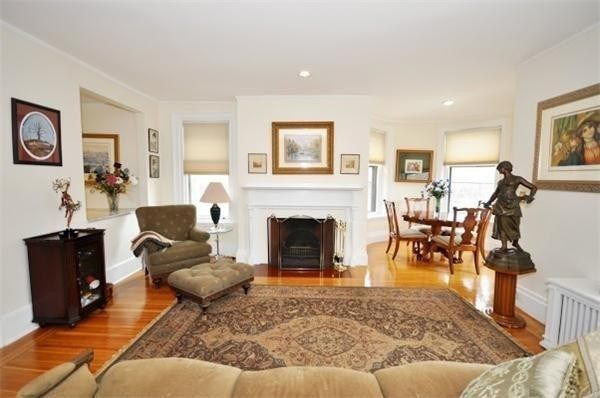 Dining room, Fireplace, Interior, Living room, Recessed Lighting, Wood Texture Flooring