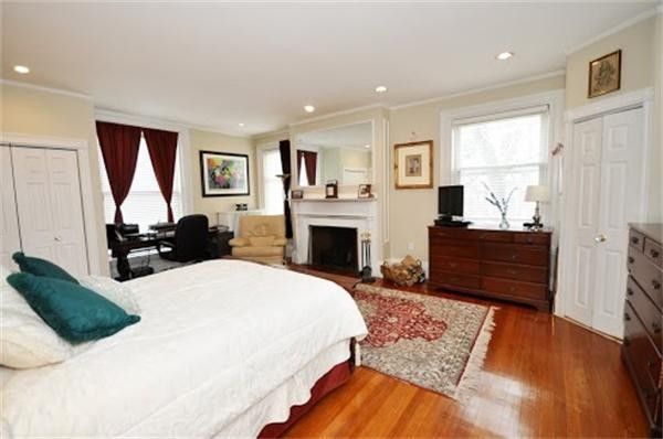 Bedroom, Fireplace, Interior, Recessed Lighting, Wood Texture Flooring