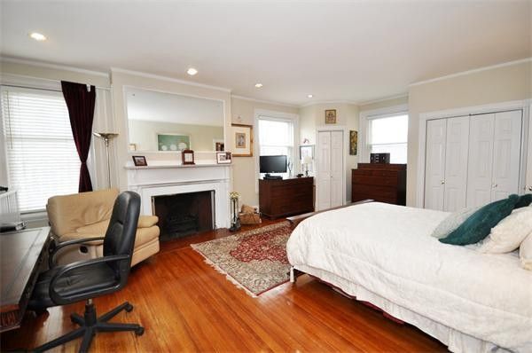 Bedroom, Fireplace, Home Office, Interior, Recessed Lighting, Wood Texture Flooring