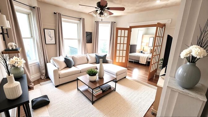 Bedroom, Interior, Living room, Recessed Lighting, Wood Texture Flooring