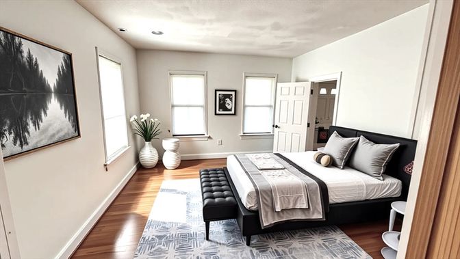 Bedroom, Interior, Recessed Lighting, Wood Texture Flooring