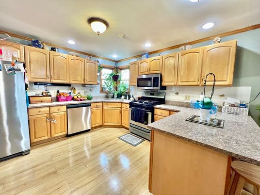 Interior, Kitchen, Recessed Lighting, Stainless Steel Appliances, Wood Texture Flooring