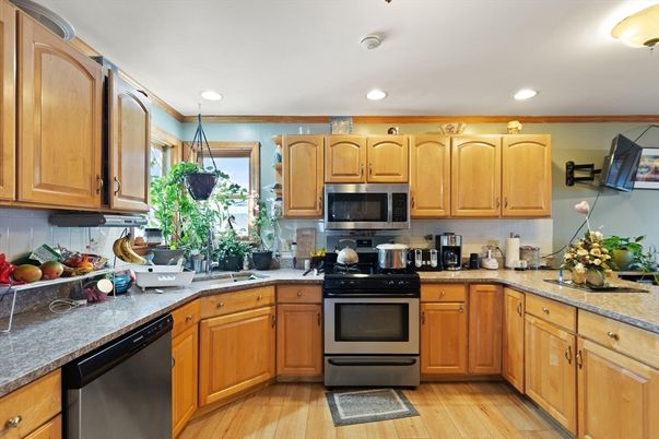 Interior, Kitchen, Recessed Lighting, Stainless Steel Appliances, Wood Texture Flooring