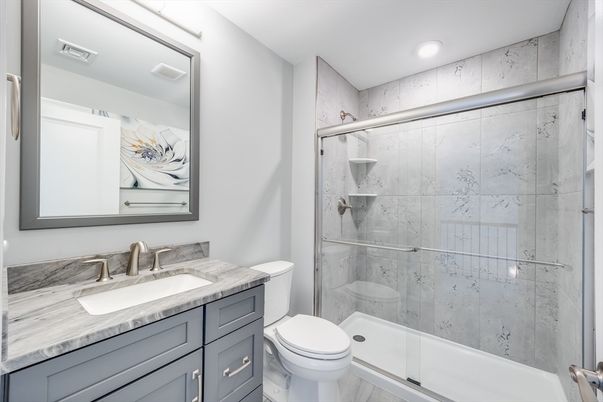 Bathroom, Glass Shower, Interior, Marble Walls, Recessed Lighting