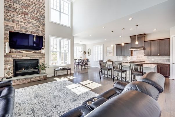 Dining room, Fireplace, Interior, Kitchen, Living room, Pendant Lights, Recessed Lighting, Stone Walls, Wood Texture Flooring