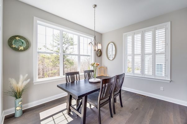 Dining room, Interior, Pendant Lights, Wood Texture Flooring
