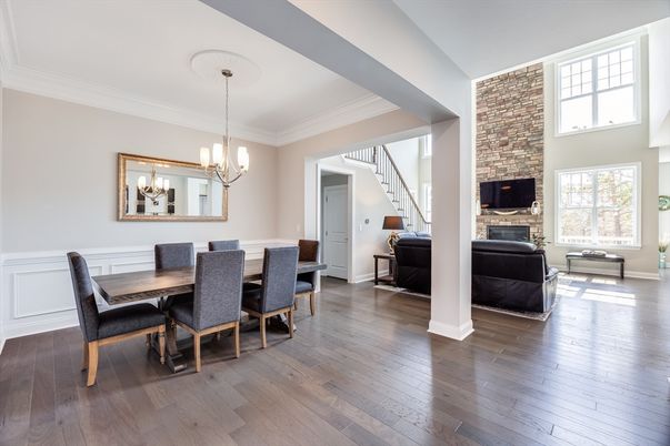 Chandelier, Dining room, Fireplace, Interior, Stone Walls, Wood Texture Flooring