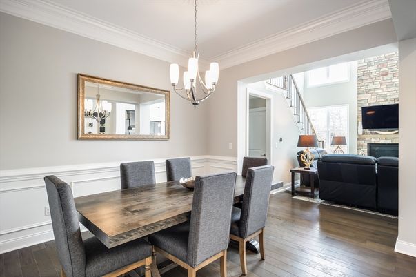 Dining room, Fireplace, Interior, Pendant Lights, Stone Walls, Wood Texture Flooring