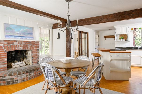 Dining room, Fireplace, Interior, Kitchen, Pendant Lights, Wood Texture Flooring