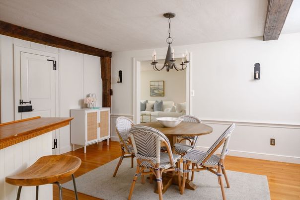 Chandelier, Dining room, Interior, Wooden Beams, Wood Texture Flooring