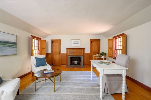 Fireplace, Home Office, Interior, Living room, Wood Texture Flooring