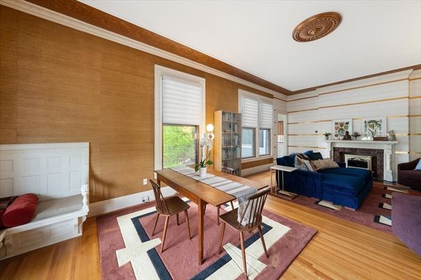 Dining room, Fireplace, Interior, Living room, Wood Texture Flooring