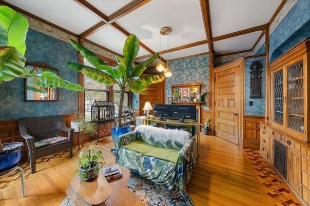 Fireplace, Interior, Living room, Pendant Lights, Wood Texture Flooring