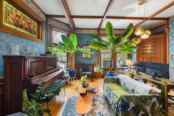 Fireplace, Home Office, Interior, Living room, Pendant Lights, Piano, Wood Texture Flooring