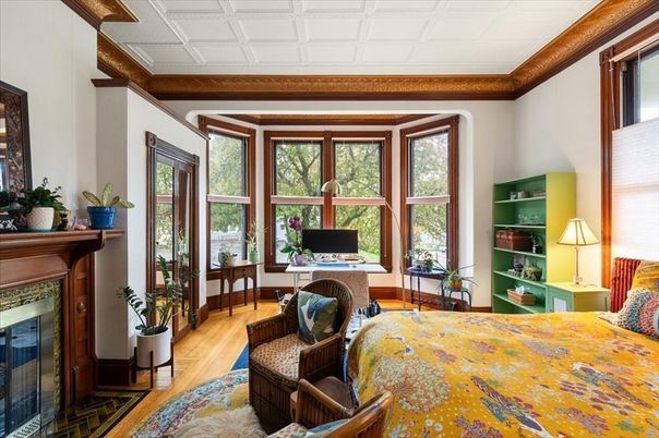 Bedroom, Fireplace, Home Office, Interior, Wood Texture Flooring