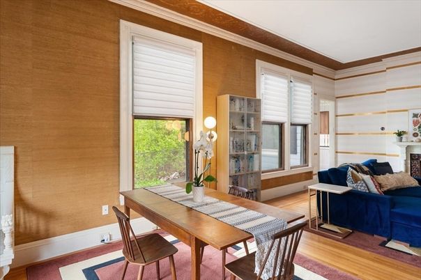 Dining room, Fireplace, Interior, Wood Texture Flooring