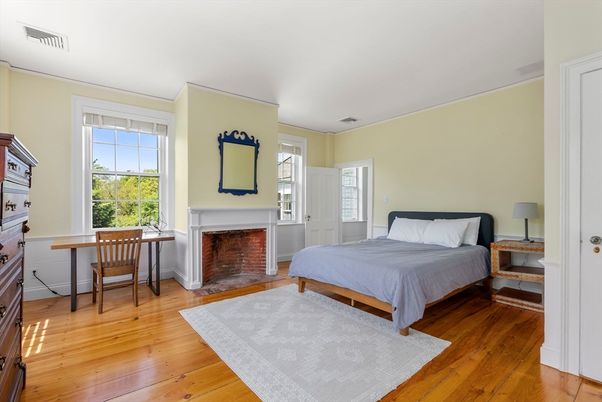 Bedroom, Fireplace, Interior, Wood Texture Flooring