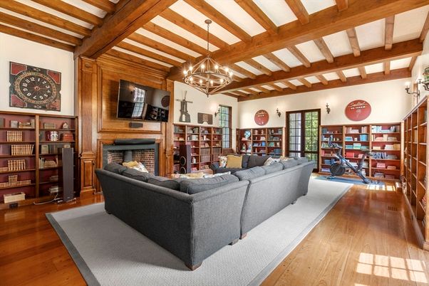Chandelier, Fireplace, Interior, Living room, Wooden Beams, Wood Texture Flooring