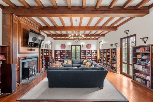 Chandelier, Fireplace, Interior, Living room, Wooden Beams, Wood Texture Flooring