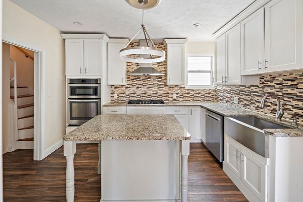 Interior, Kitchen, Pendant Lights, Recessed Lighting, Stainless Steel Appliances, Wood Texture Flooring