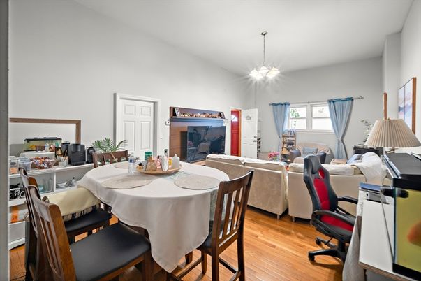 Dining room, Interior, Living room, Pendant Lights, Wood Texture Flooring