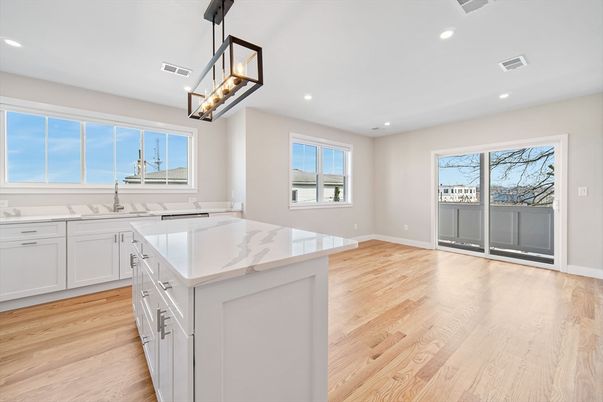Interior, Kitchen, Pendant Lights, Recessed Lighting, Wood Texture Flooring