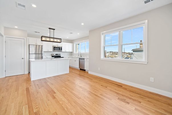 Interior, Kitchen, Pendant Lights, Recessed Lighting, Stainless Steel Appliances, Wood Texture Flooring