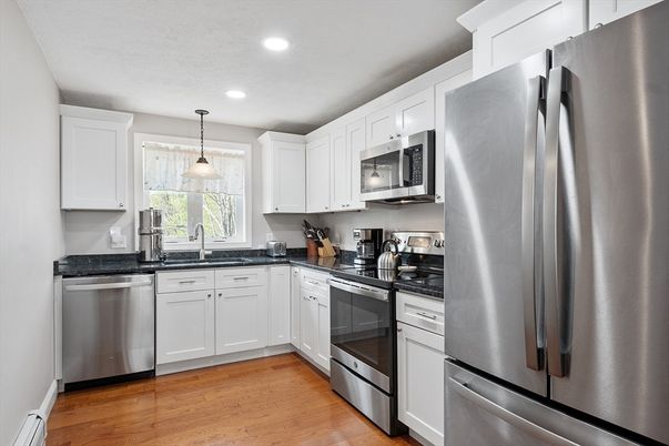 Interior, Kitchen, Pendant Lights, Recessed Lighting, Stainless Steel Appliances, Wood Texture Flooring