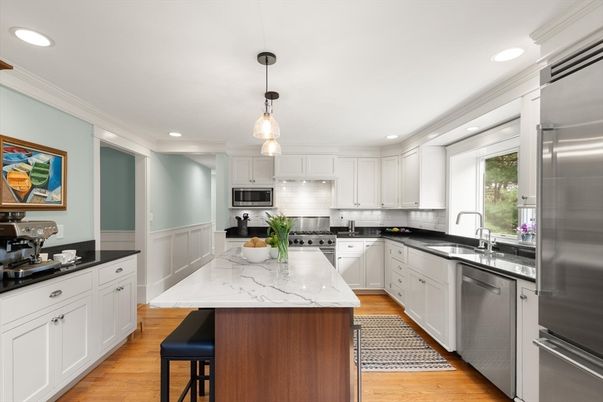 Interior, Kitchen, Pendant Lights, Recessed Lighting, Stainless Steel Appliances, Wood Texture Flooring
