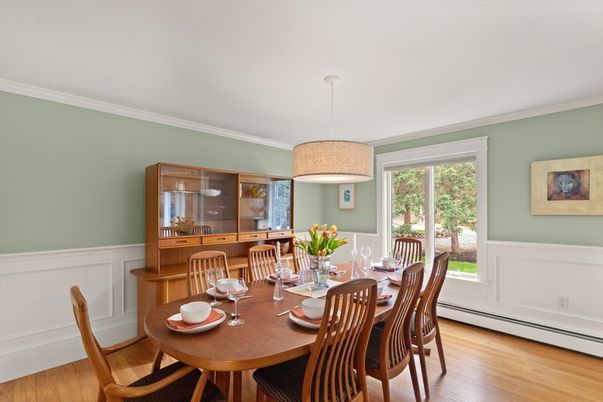 Dining room, Interior, Pendant Lights, Wood Texture Flooring