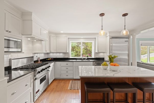 Interior, Kitchen, Pendant Lights, Recessed Lighting, Stainless Steel Appliances, Wood Texture Flooring