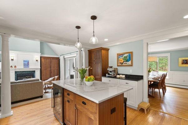 Dining room, Fireplace, Interior, Kitchen, Living room, Pendant Lights, Recessed Lighting, Wood Texture Flooring